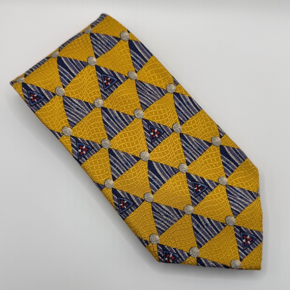 Robert Talbott Omaggio Silk Tie 4" Yellow Blue Geometric Italian Handsewn Retro
